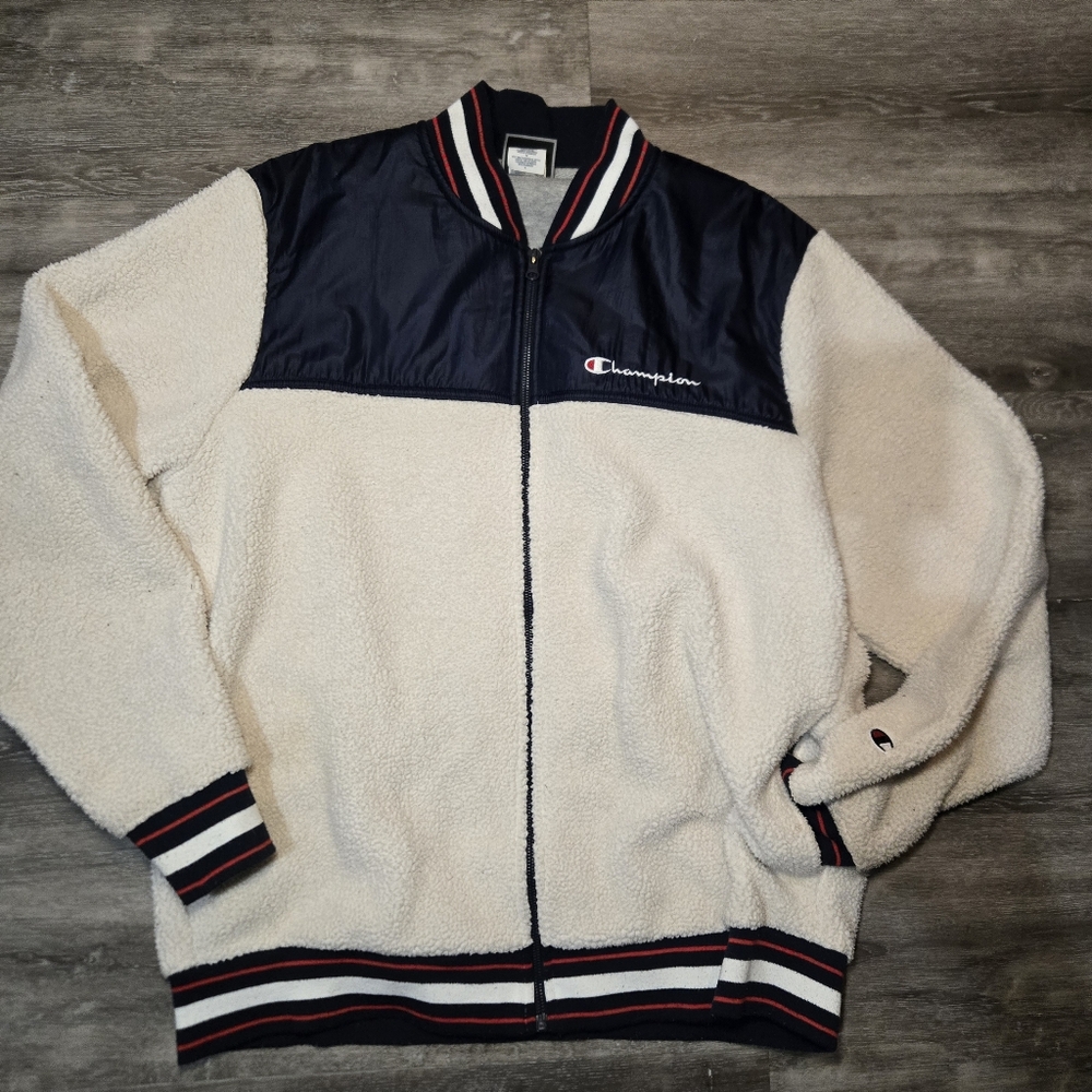 Champion Fleece Sherpa Bomber Embroidered Jacket White‎ And Navy Size xl